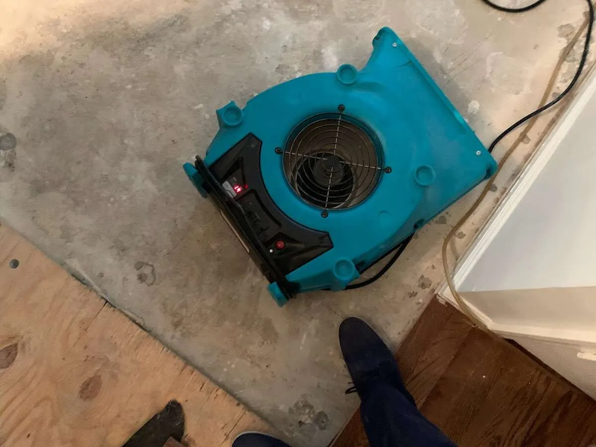 Air mover drying subfloor during Leak Detection & Repair in Ashburnham
